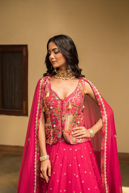 Magenta Pink Organza Skirt And Dupatta With Banarasi Zari Embellished Blouse