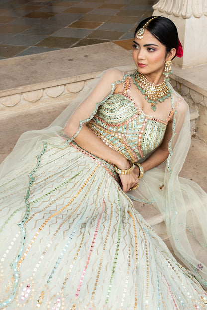 Mint Green Lehenga Choli In Georgette With Colorful Resham Embroidery And Dupatta