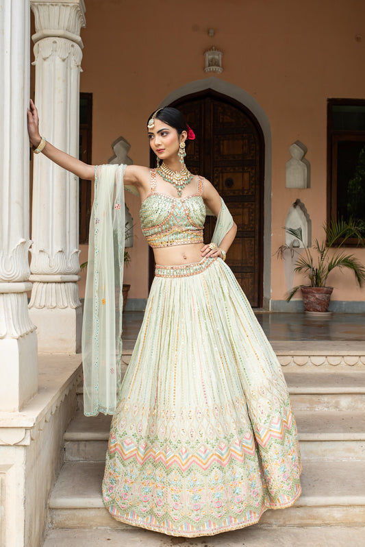 Mint Green Lehenga Choli In Georgette With Colorful Resham Embroidery And Dupatta