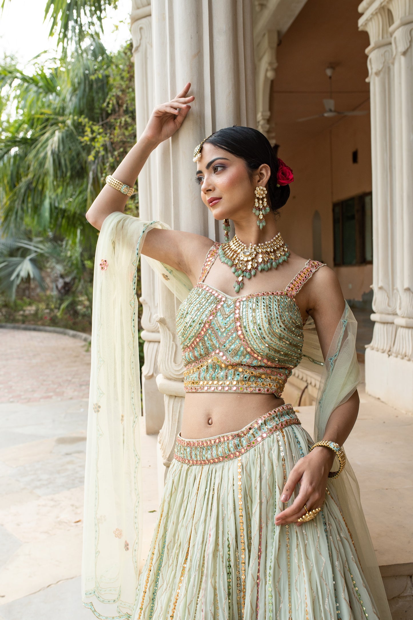 Mint Green Lehenga Choli In Georgette With Colorful Resham Embroidery And Dupatta