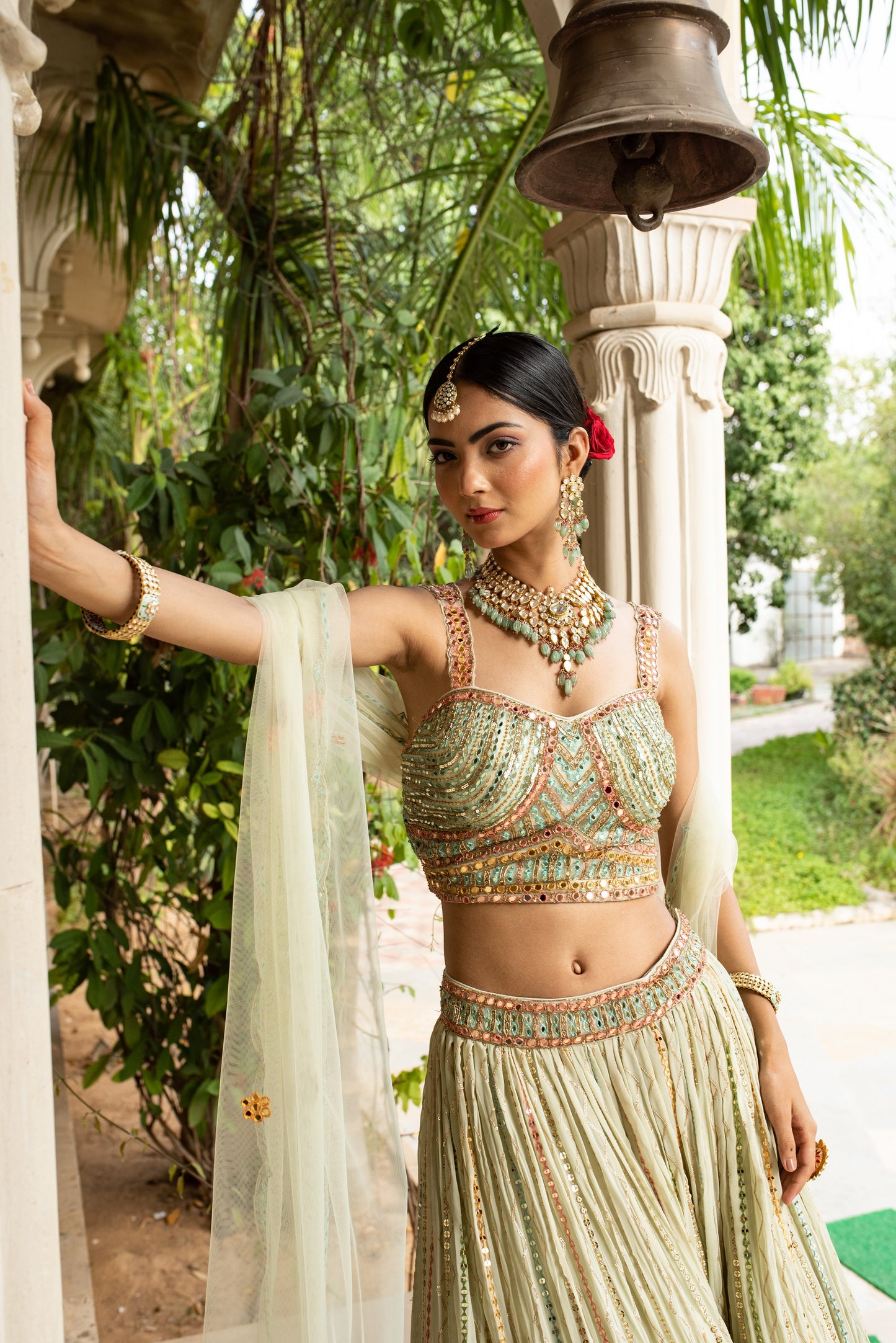 Mint Green Lehenga Choli In Georgette With Colorful Resham Embroidery And Dupatta