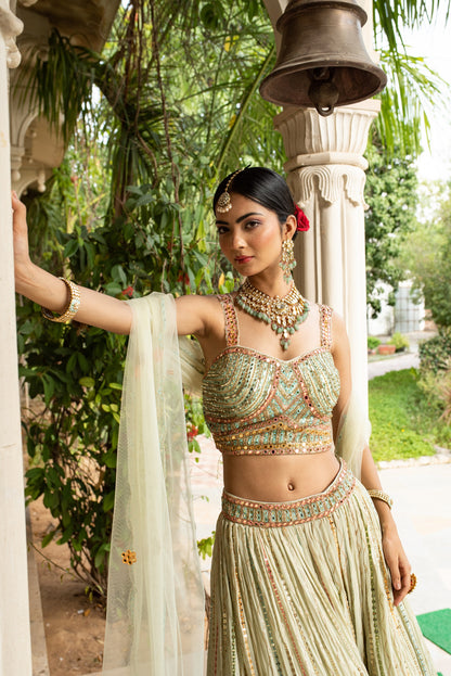 Mint Green Lehenga Choli In Georgette With Colorful Resham Embroidery And Dupatta
