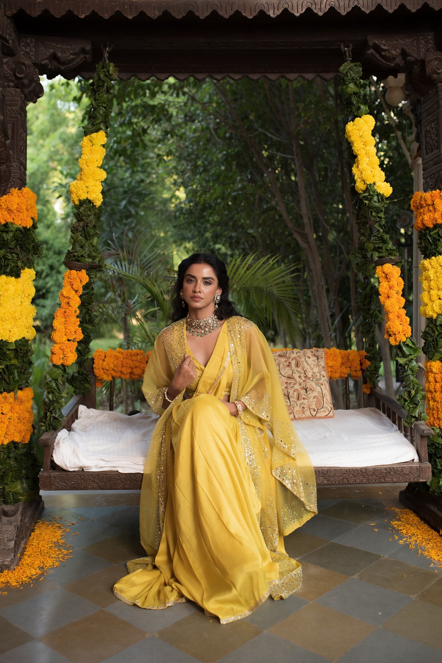Vivid Yellow Mirror And Sequin Work Drape Saree With Cape
