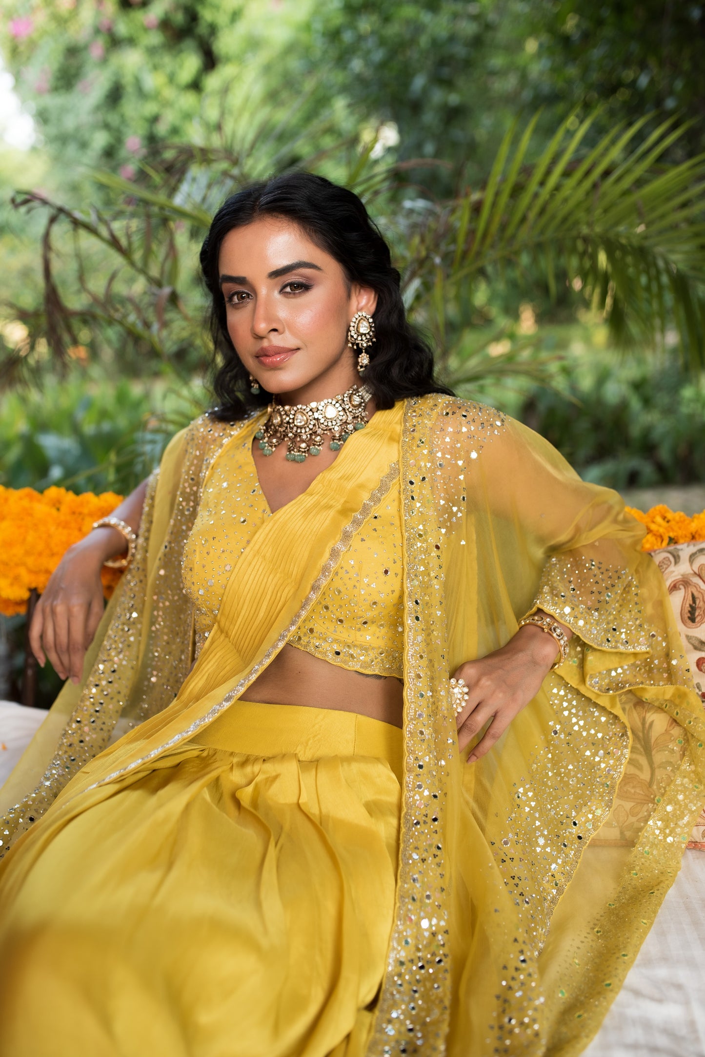 Vivid Yellow Mirror And Sequin Work Drape Saree With Cape