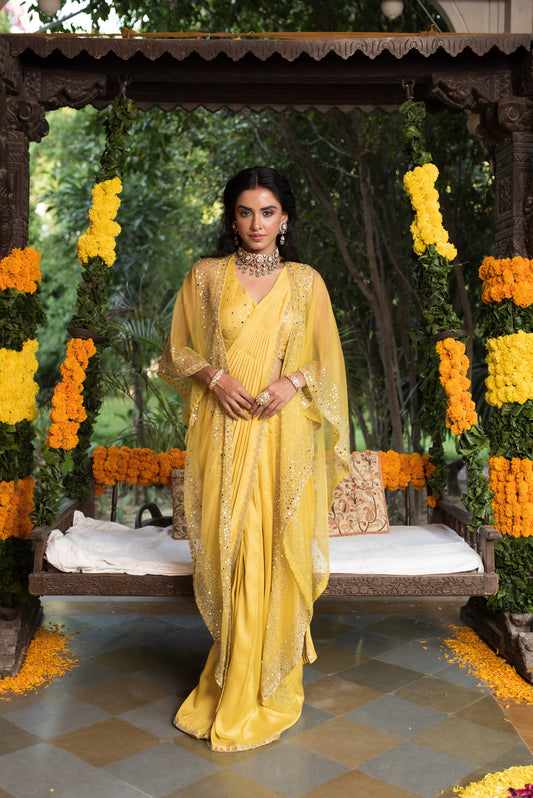 Vivid Yellow Mirror And Sequin Work Drape Saree With Cape