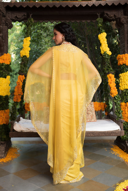 Vivid Yellow Mirror And Sequin Work Drape Saree With Cape