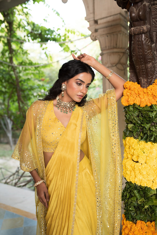 Vivid Yellow Mirror And Sequin Work Drape Saree With Cape