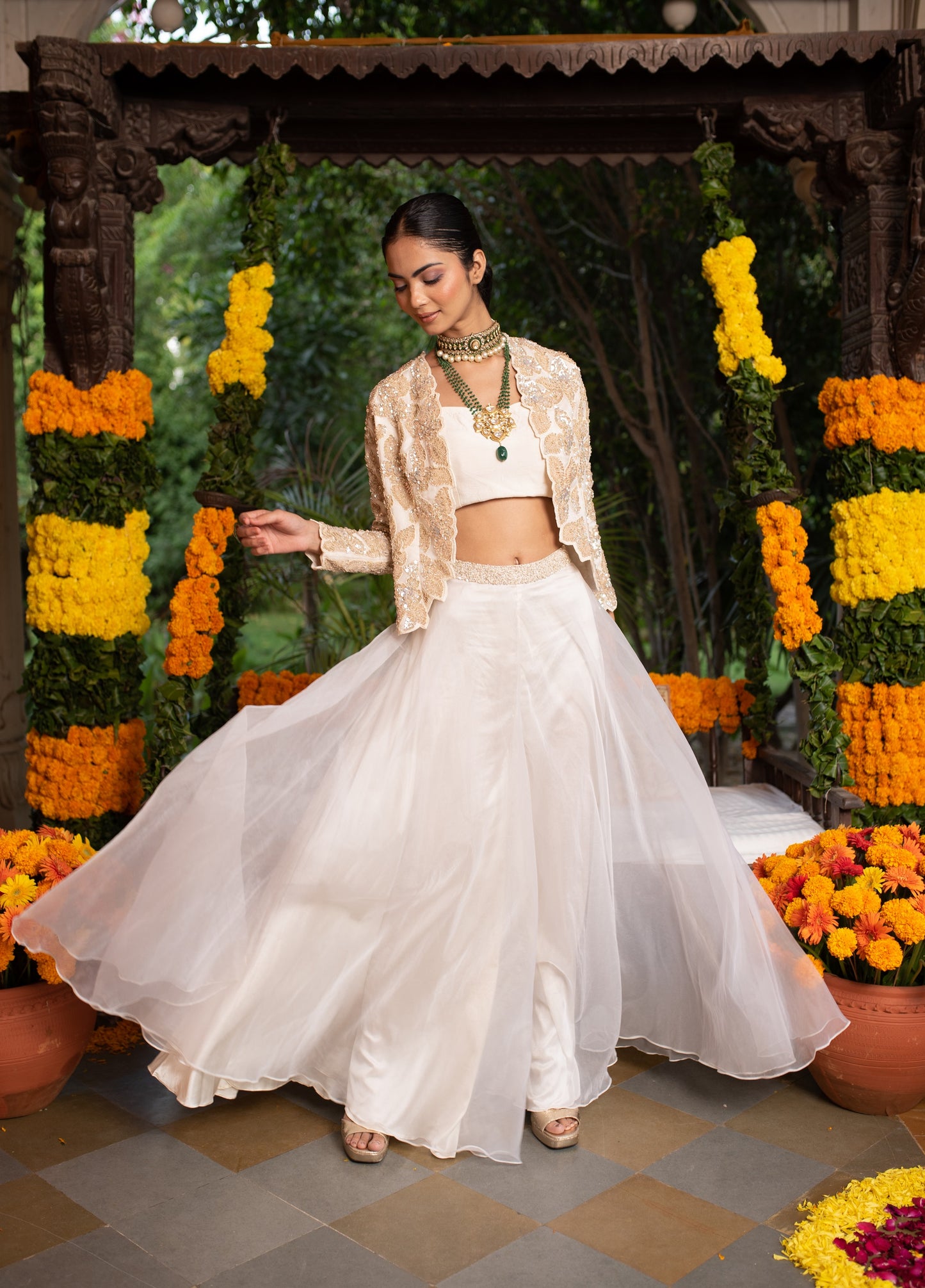 Off White Organza Palazzo Set With Sequin Cape