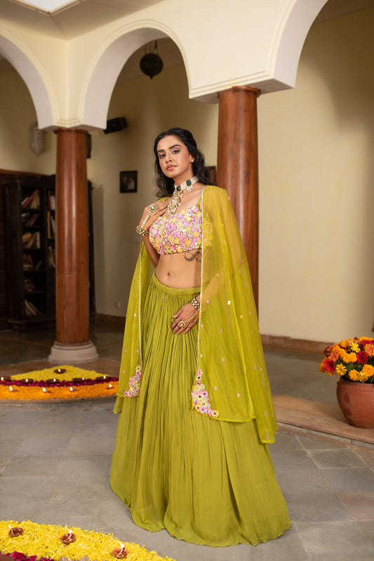 Olive Green Crop Top Skirt With Organza Cape