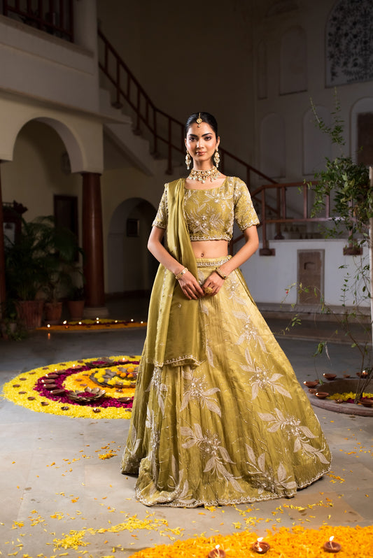 Moss Green Lehenga Blouse And Dupatta Having White Work