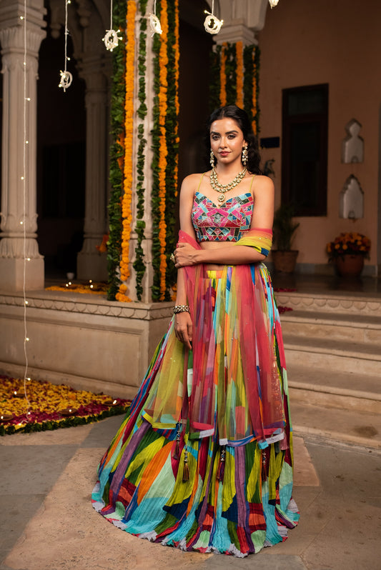 Multi Colour Italian Silk Cut Dana Work Crop Top With Skirt And Dupatta