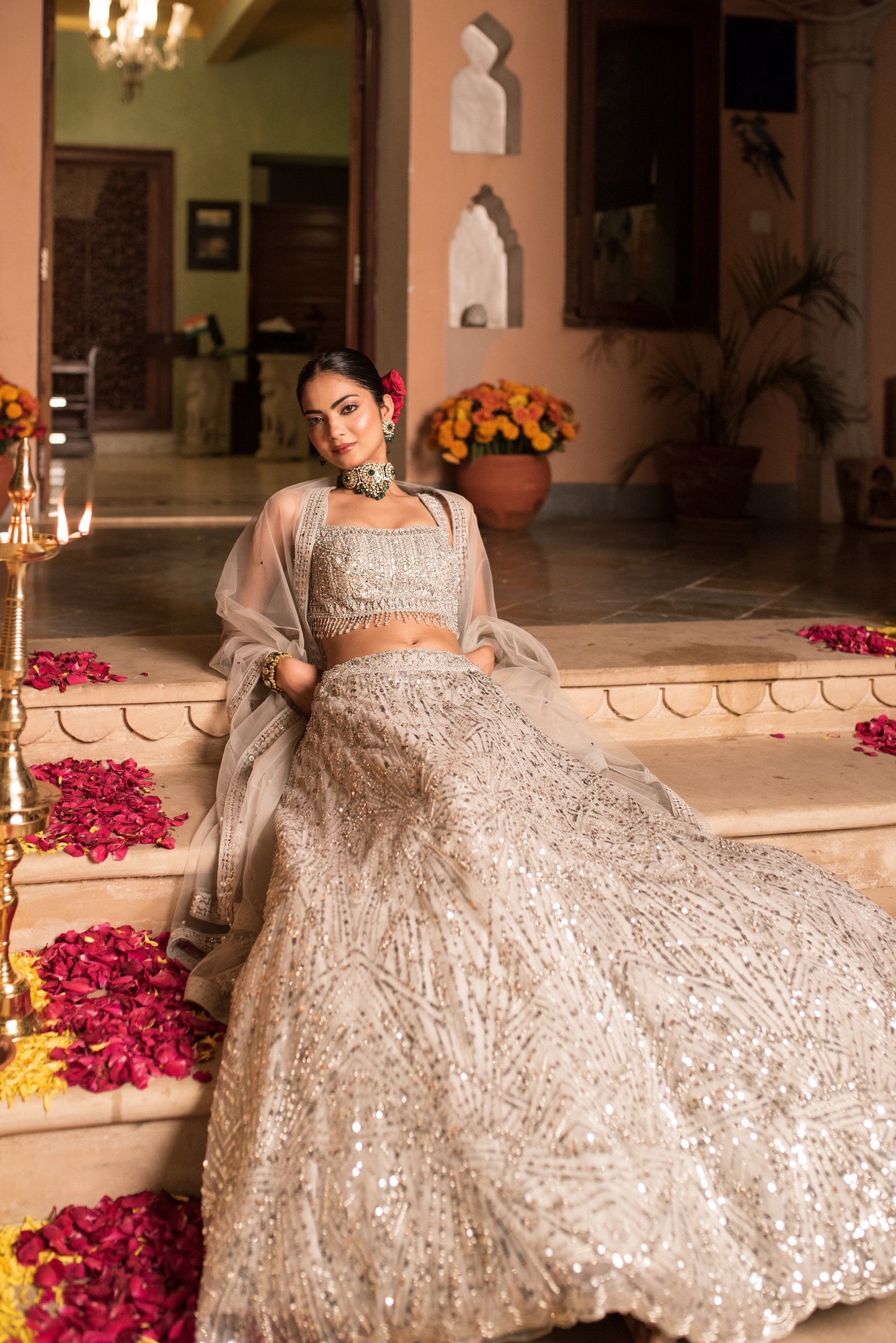 Oslo Gray Sequin Work Crop Top With Skirt And Dupatta