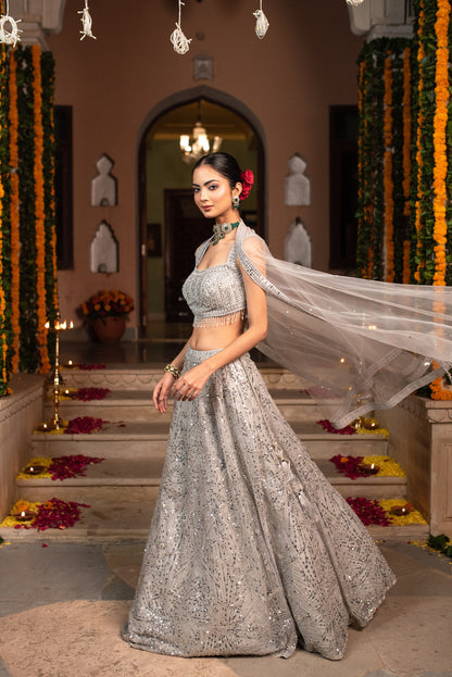 Oslo Gray Sequin Work Crop Top With Skirt And Dupatta