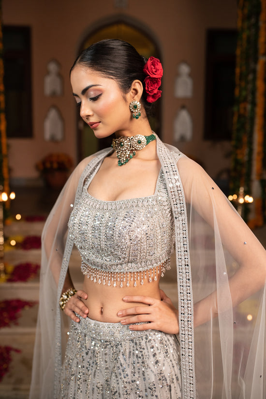 Oslo Gray Sequin Work Crop Top With Skirt And Dupatta