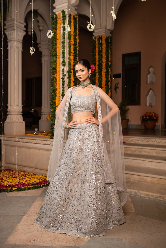 Oslo Gray Sequin Work Crop Top With Skirt And Dupatta