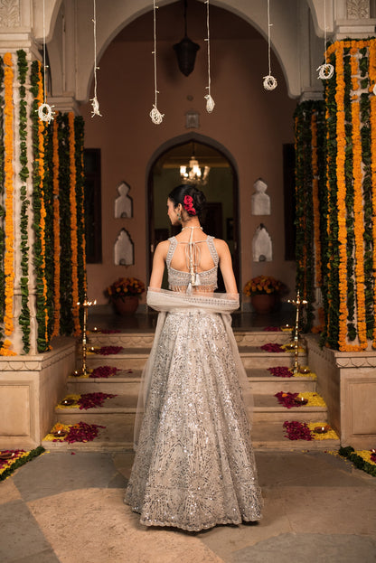 Oslo Gray Sequin Work Crop Top With Skirt And Dupatta