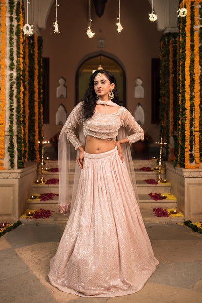 Baby Pink  Moti Embellished Crop Top With Skirt And Dupatta