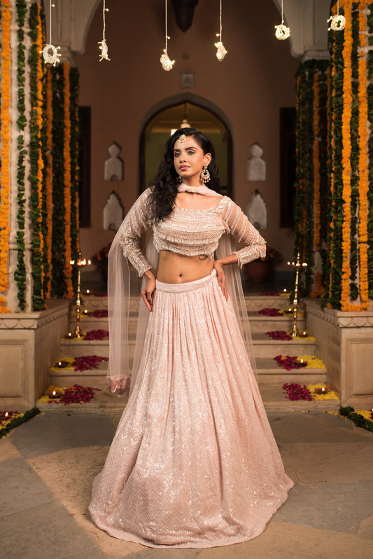 Baby Pink  Moti Embellished Crop Top With Skirt And Dupatta