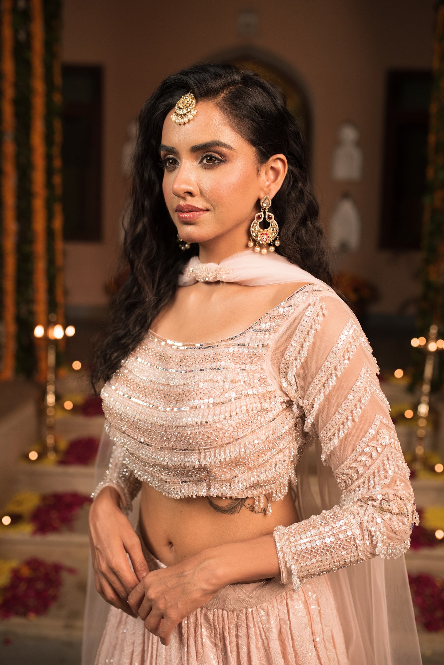 Baby Pink  Moti Embellished Crop Top With Skirt And Dupatta