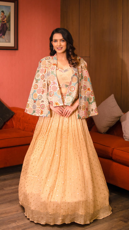 Tan Brown Georgette Crop Top Skirt With Jacket