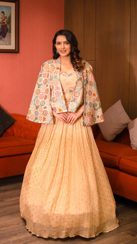 Tan Brown Georgette Crop Top Skirt With Jacket