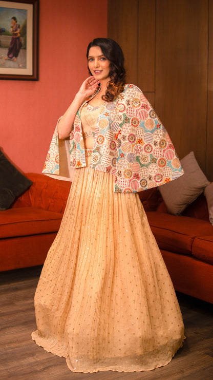 Tan Brown Georgette Crop Top Skirt With Jacket