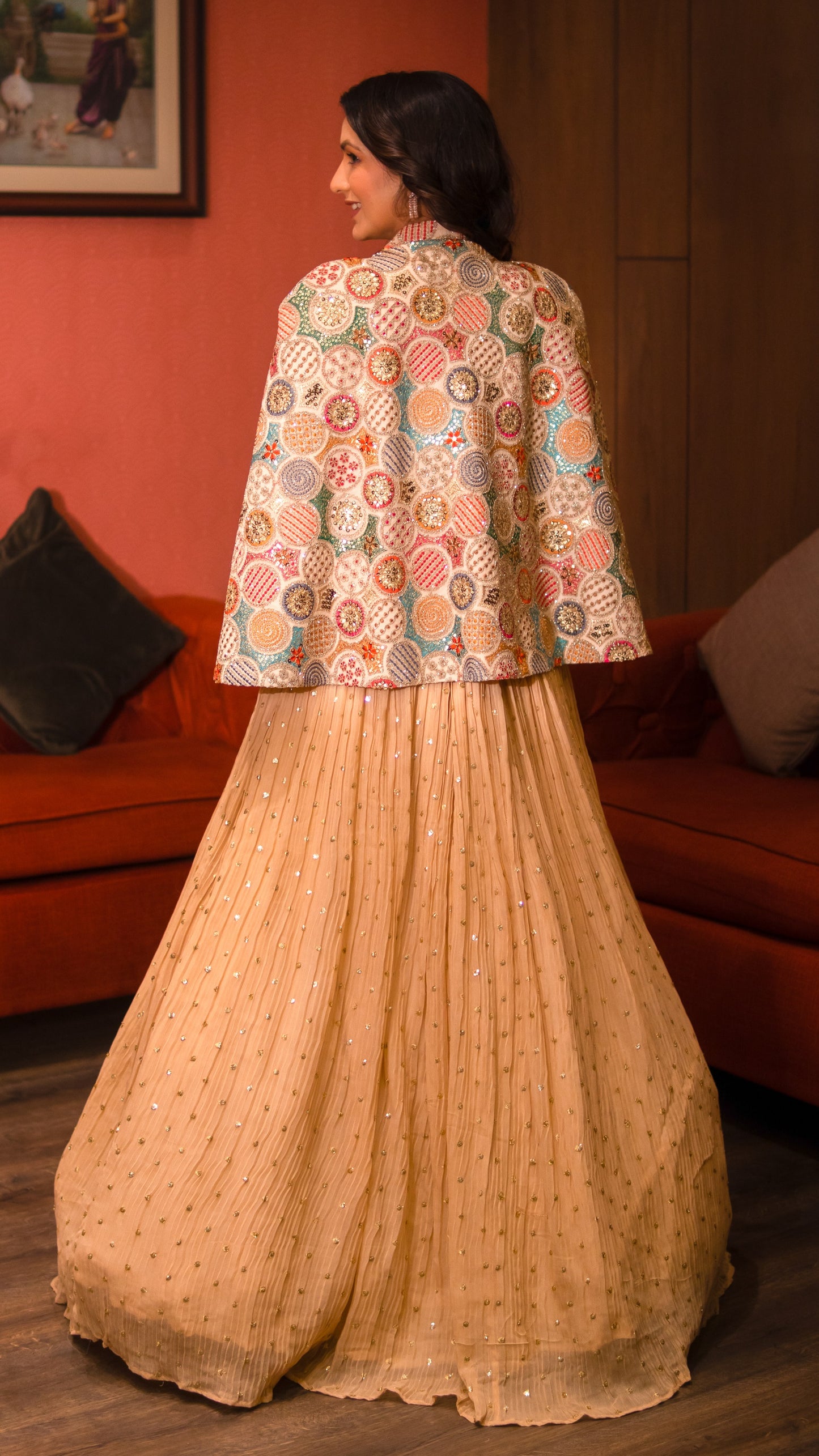 Tan Brown Georgette Crop Top Skirt With Jacket