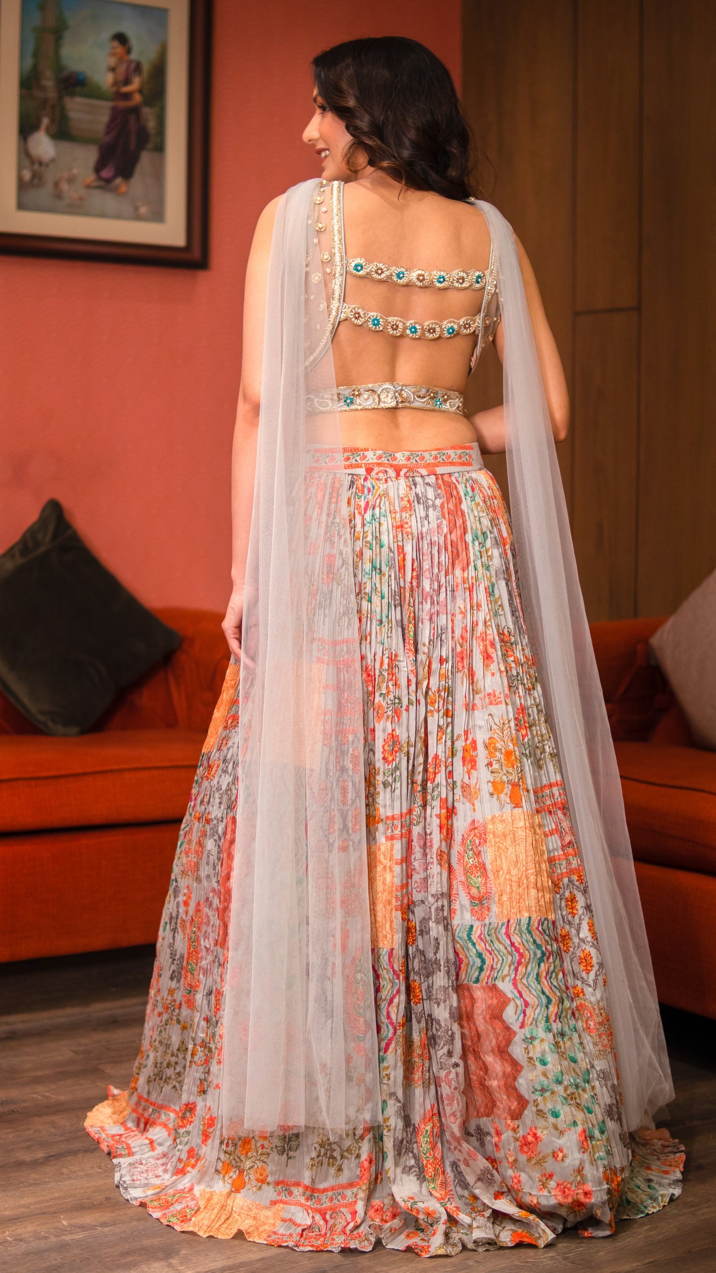 Metal Gray Printed Chinnon Skirt With Embellished Crop Top And Stylized Dupatta