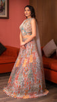 Metal Gray Printed Chinnon Skirt With Embellished Crop Top And Stylized Dupatta