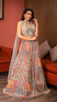 Metal Gray Printed Chinnon Skirt With Embellished Crop Top And Stylized Dupatta