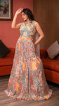 Metal Gray Printed Chinnon Skirt With Embellished Crop Top And Stylized Dupatta