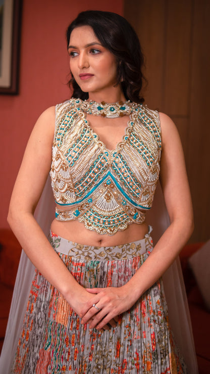 Metal Gray Printed Chinnon Skirt With Embellished Crop Top And Stylized Dupatta