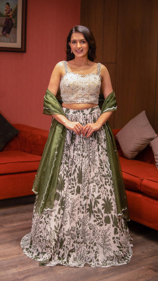 Off White Georgette Natural Print Skirt With Heavily Embellished Crop Top And Dupatta