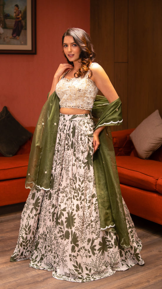 Off White Georgette Natural Print Skirt With Heavily Embellished Crop Top And Dupatta
