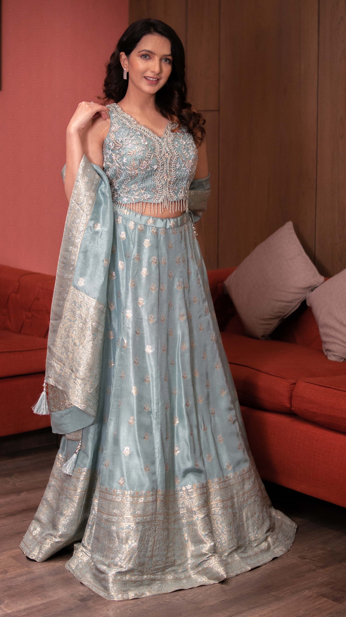 Aqua Green Raw Silk Banarasi Skirt With Crop Top And Dupatta