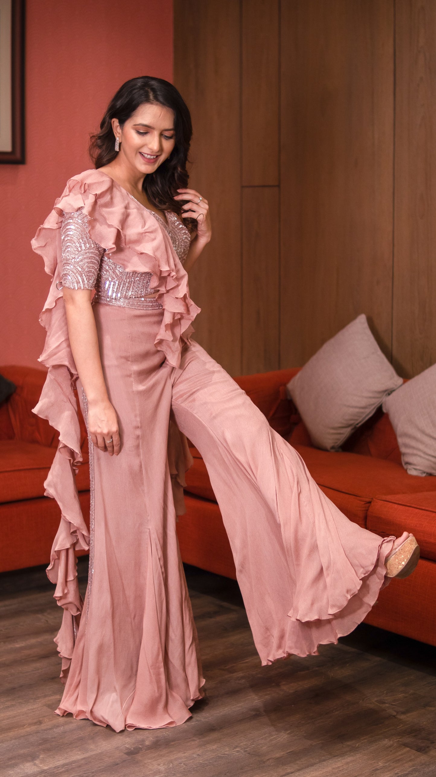 Rose Gold Chinnon Embellished Flared Palazzo Set