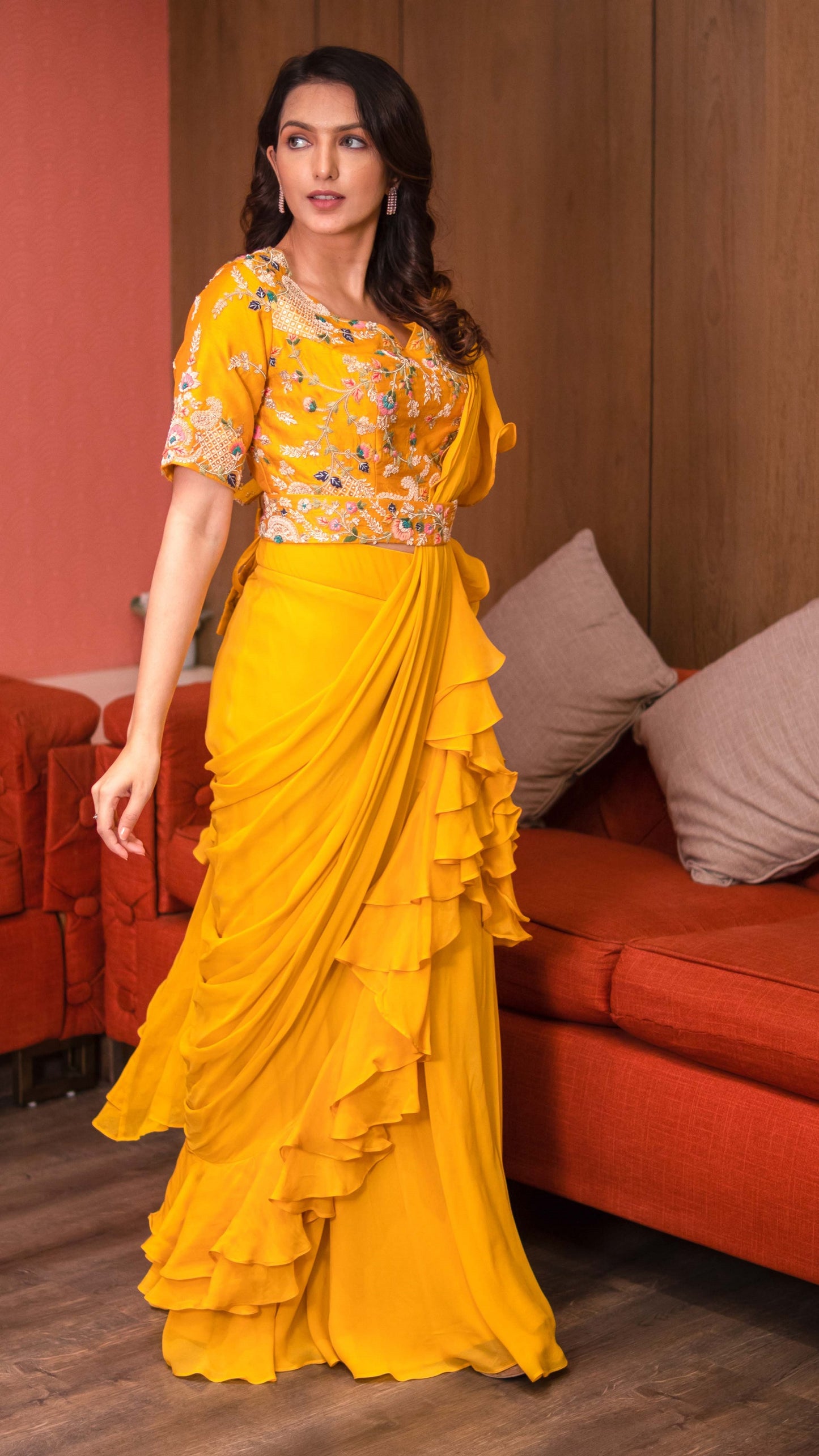 Mustard Yellow Raw Silk Drape Saree