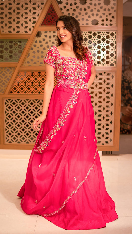 Hot Pink Raw Silk Crop Top Skirt With Drape