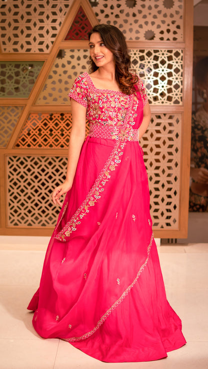 Hot Pink Raw Silk Crop Top Skirt With Drape