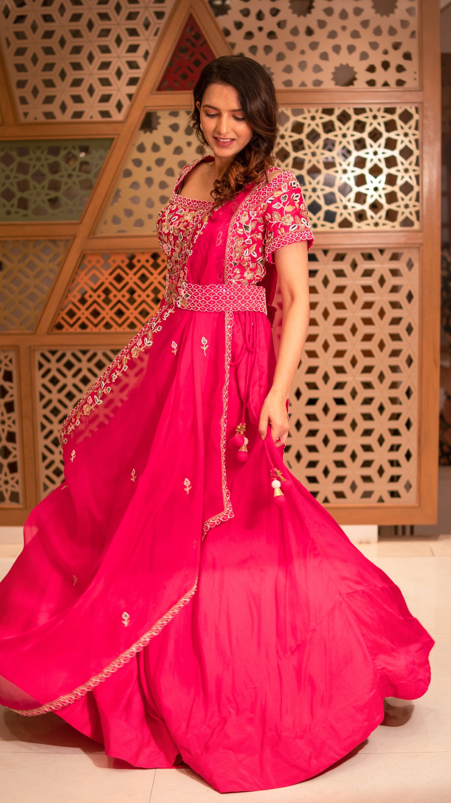 Hot Pink Raw Silk Crop Top Skirt With Drape