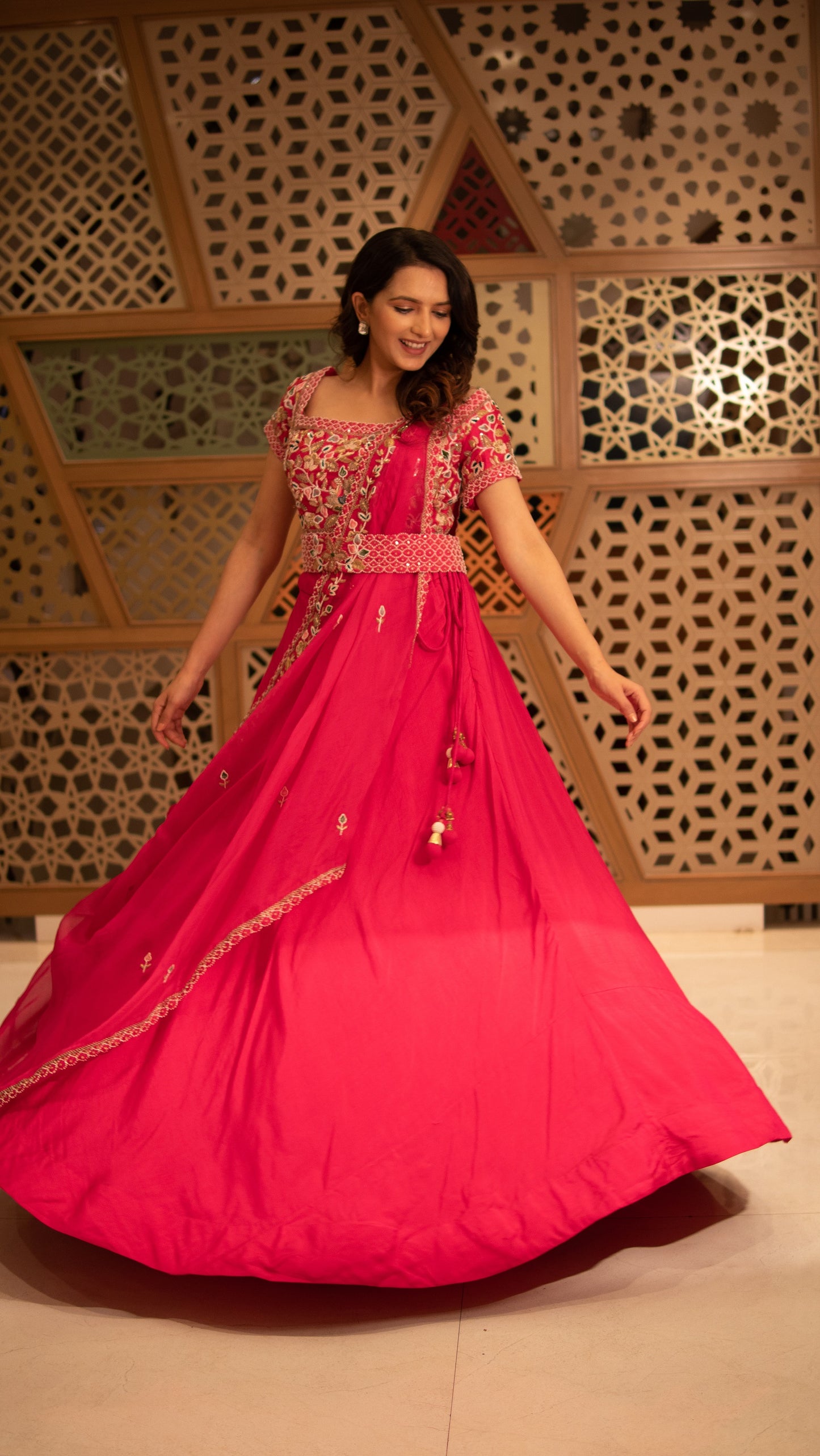 Hot Pink Raw Silk Crop Top Skirt With Drape