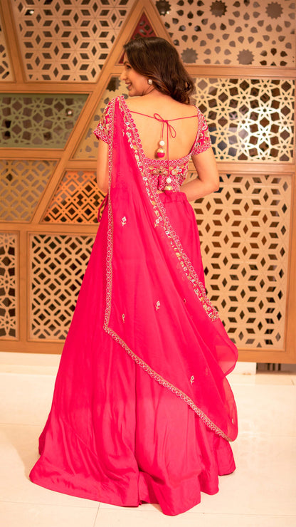 Hot Pink Raw Silk Crop Top Skirt With Drape