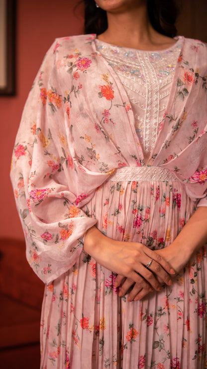 Baby Pink Floral Print Chinnon Long Dress