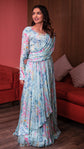 Baby Blue Floral Print Zari Embellished Long Dress
