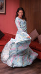 Baby Blue Floral Print Zari Embellished Long Dress