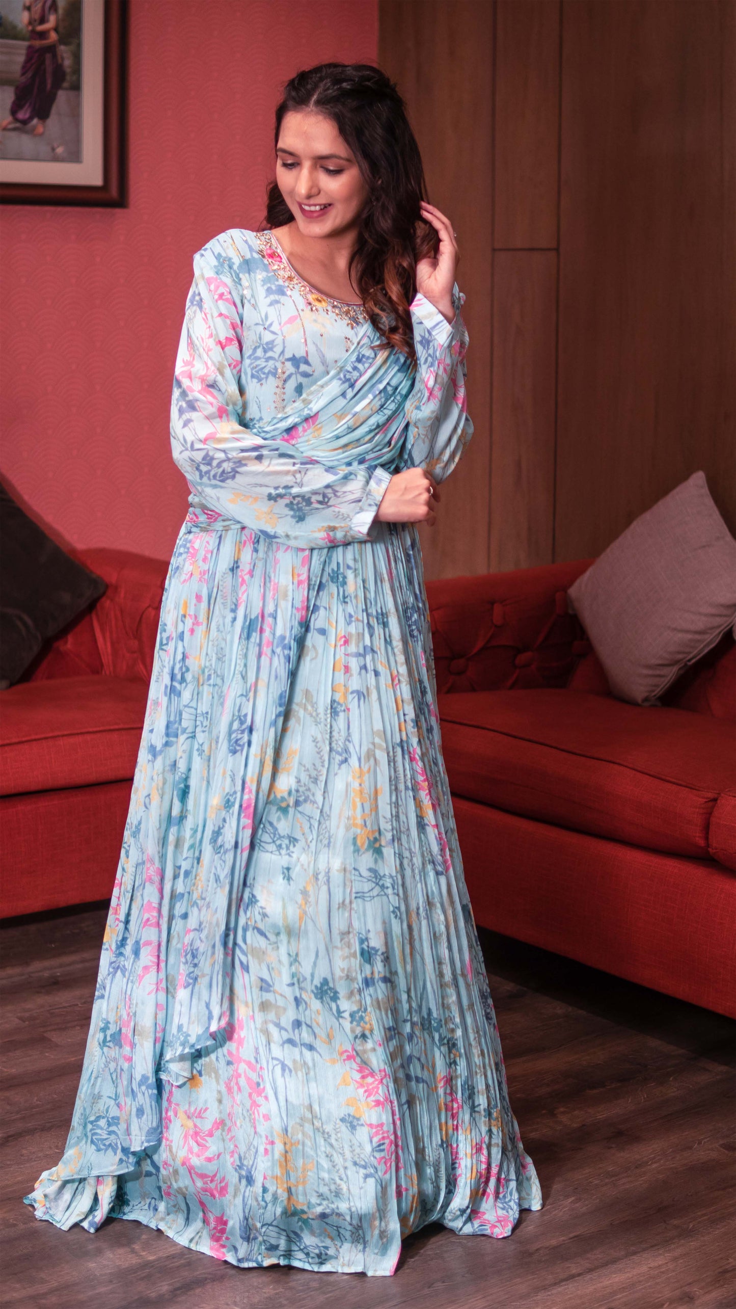 Baby Blue Floral Print Zari Embellished Long Dress