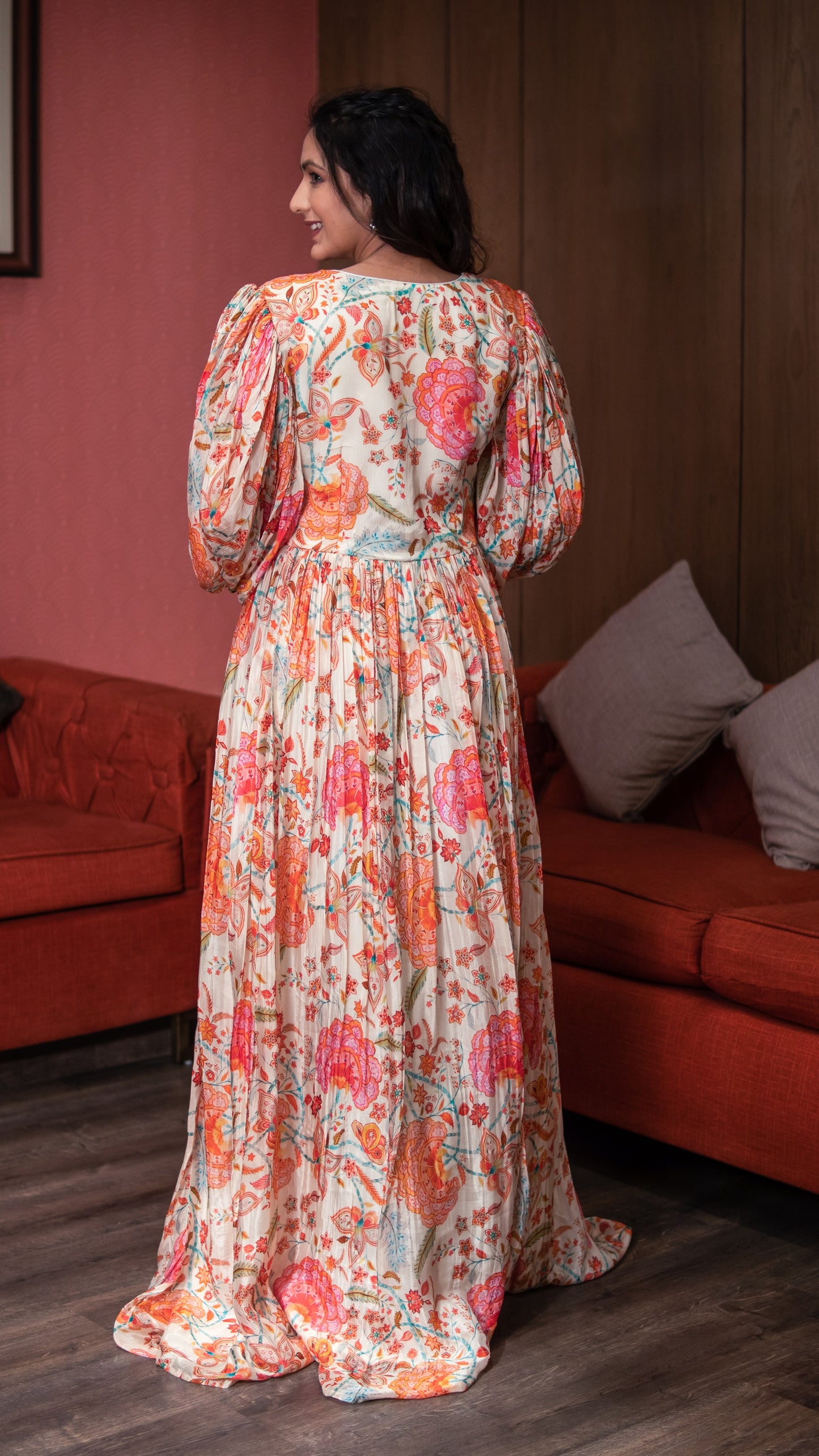 Ivory Color Floral Print Embellished Long Dress
