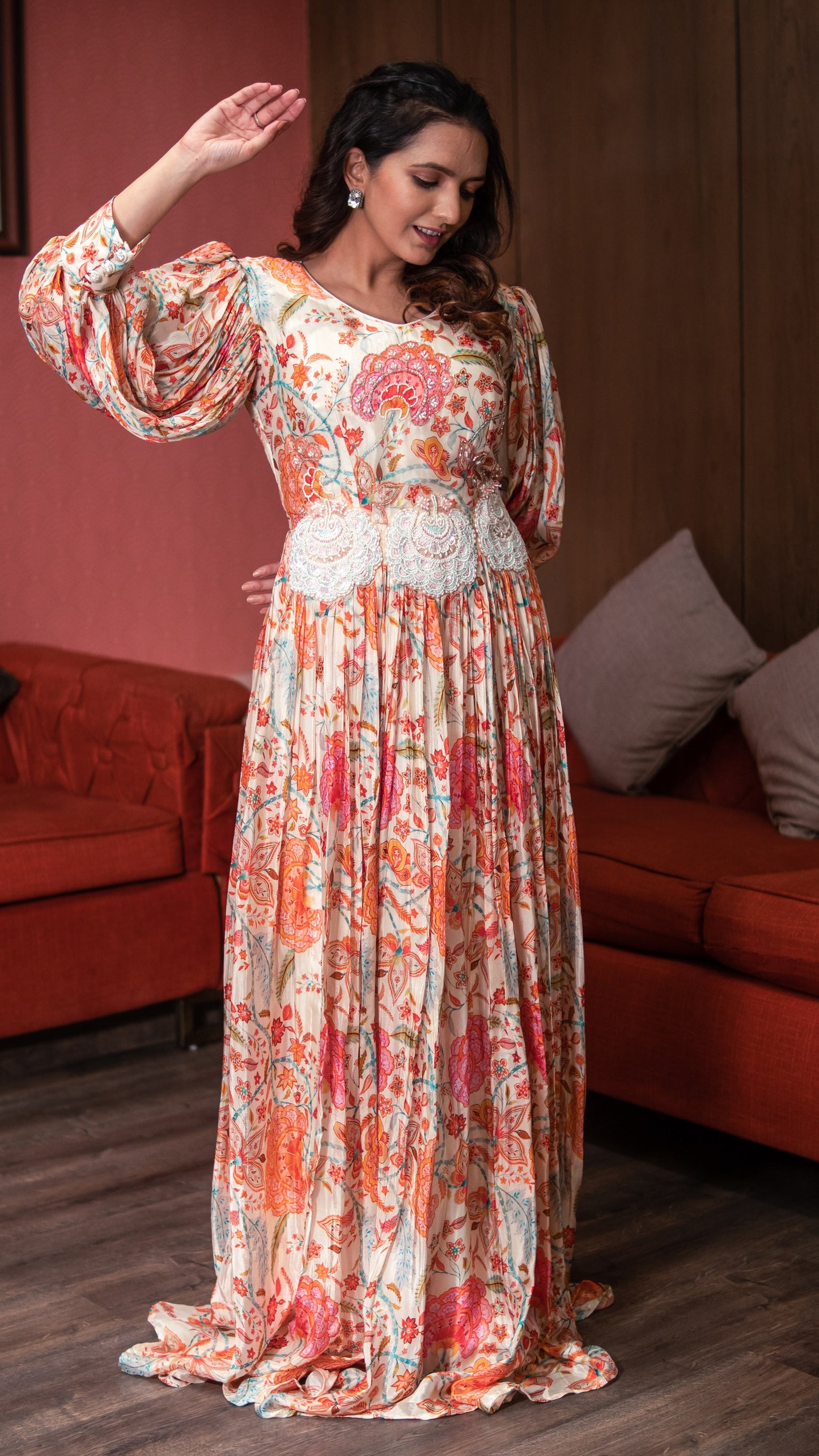 Ivory Color Floral Print Embellished Long Dress