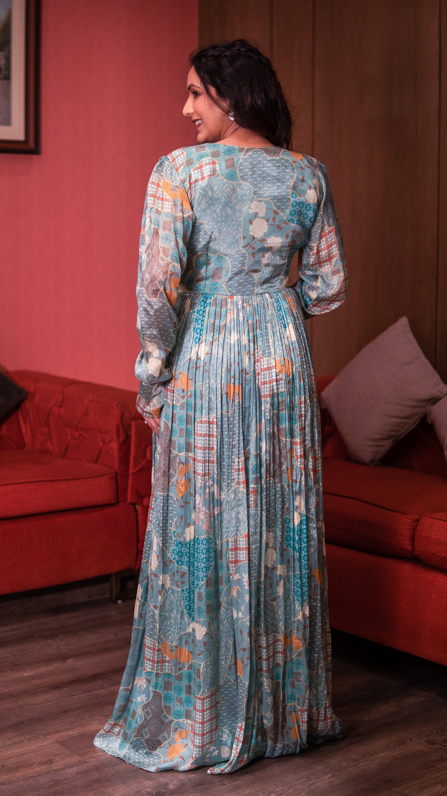 Emerald Green Digital Print Embellished Chinnon Long Dress