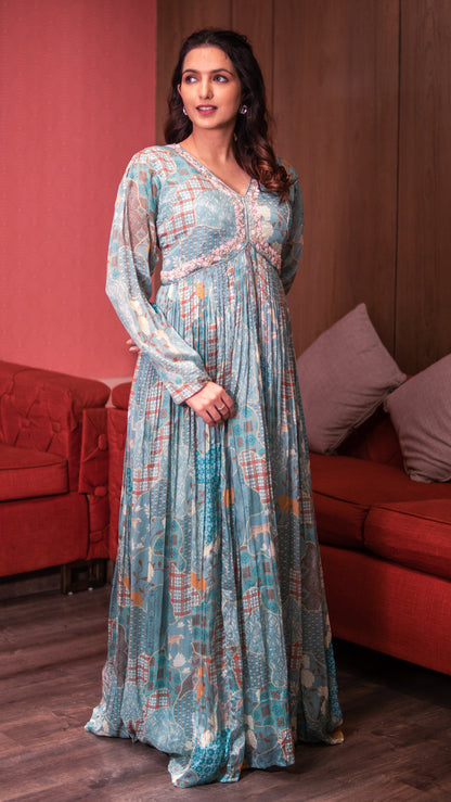Emerald Green Digital Print Embellished Chinnon Long Dress